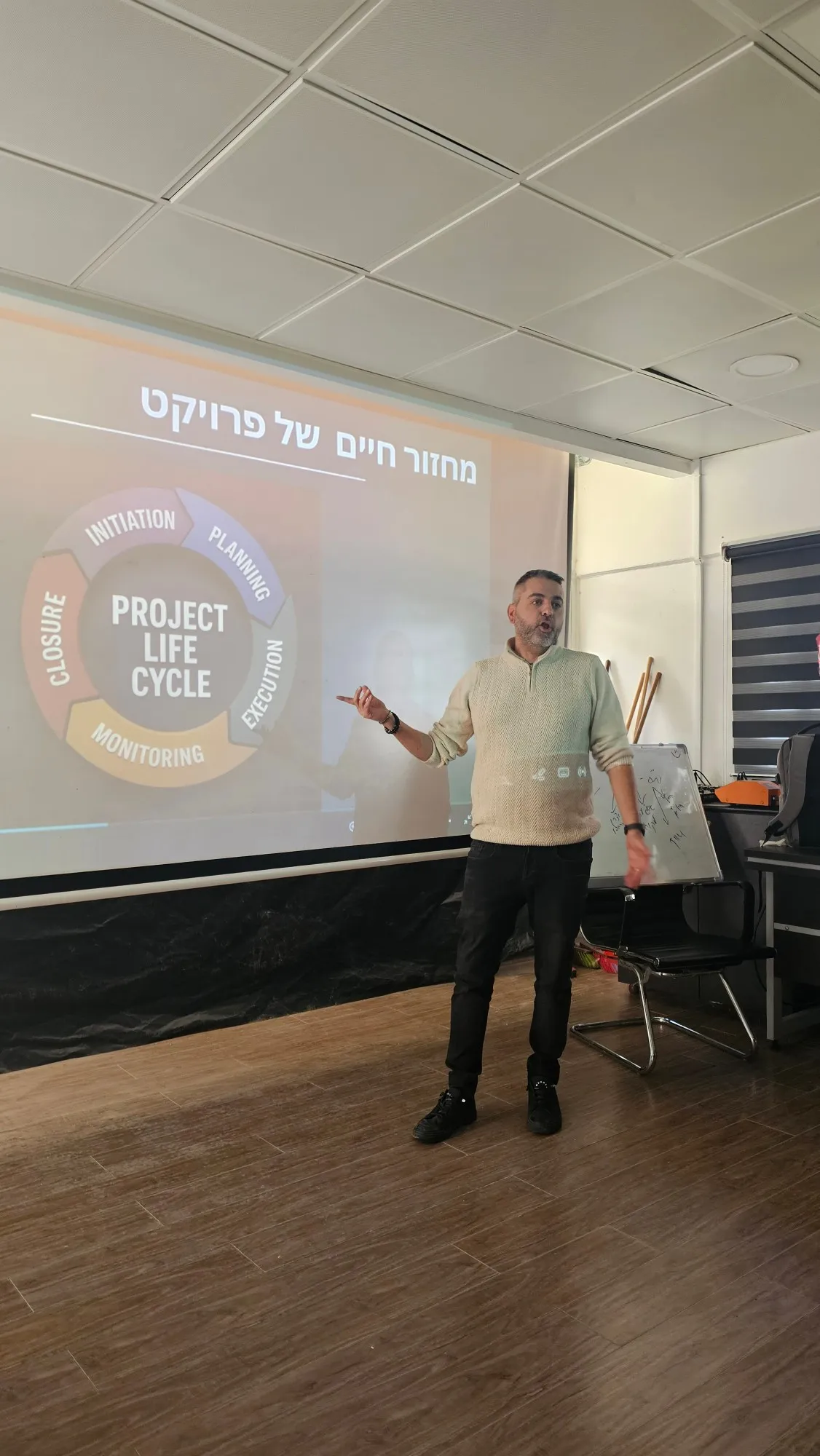 עזר סלם מרצה מול מסך שעליו השקף "מחזור חיים של פרויקט"
